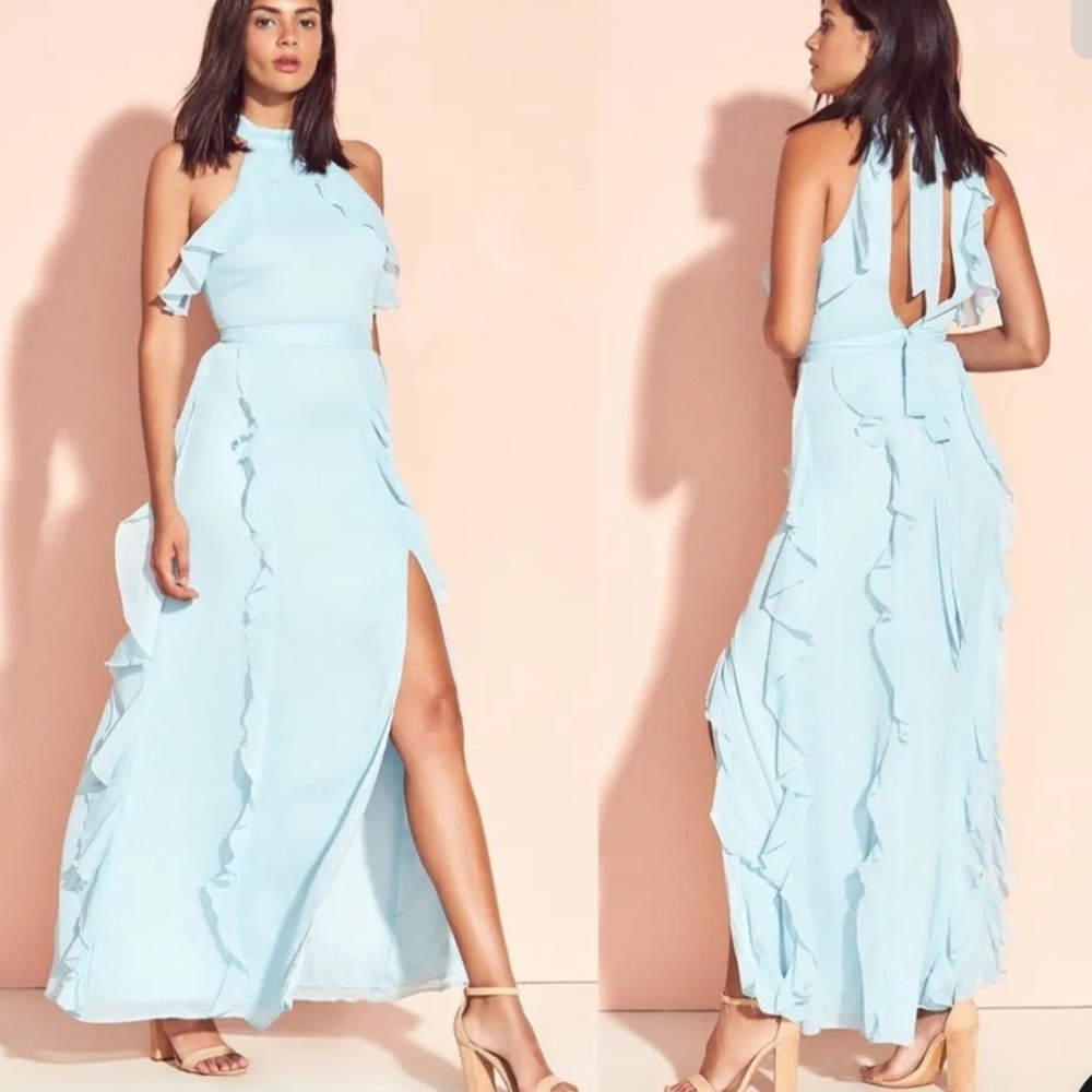 Lovers & Friends Light Blue‎ Eden Ruffle Halter Neck High Neck Dress NWT XS